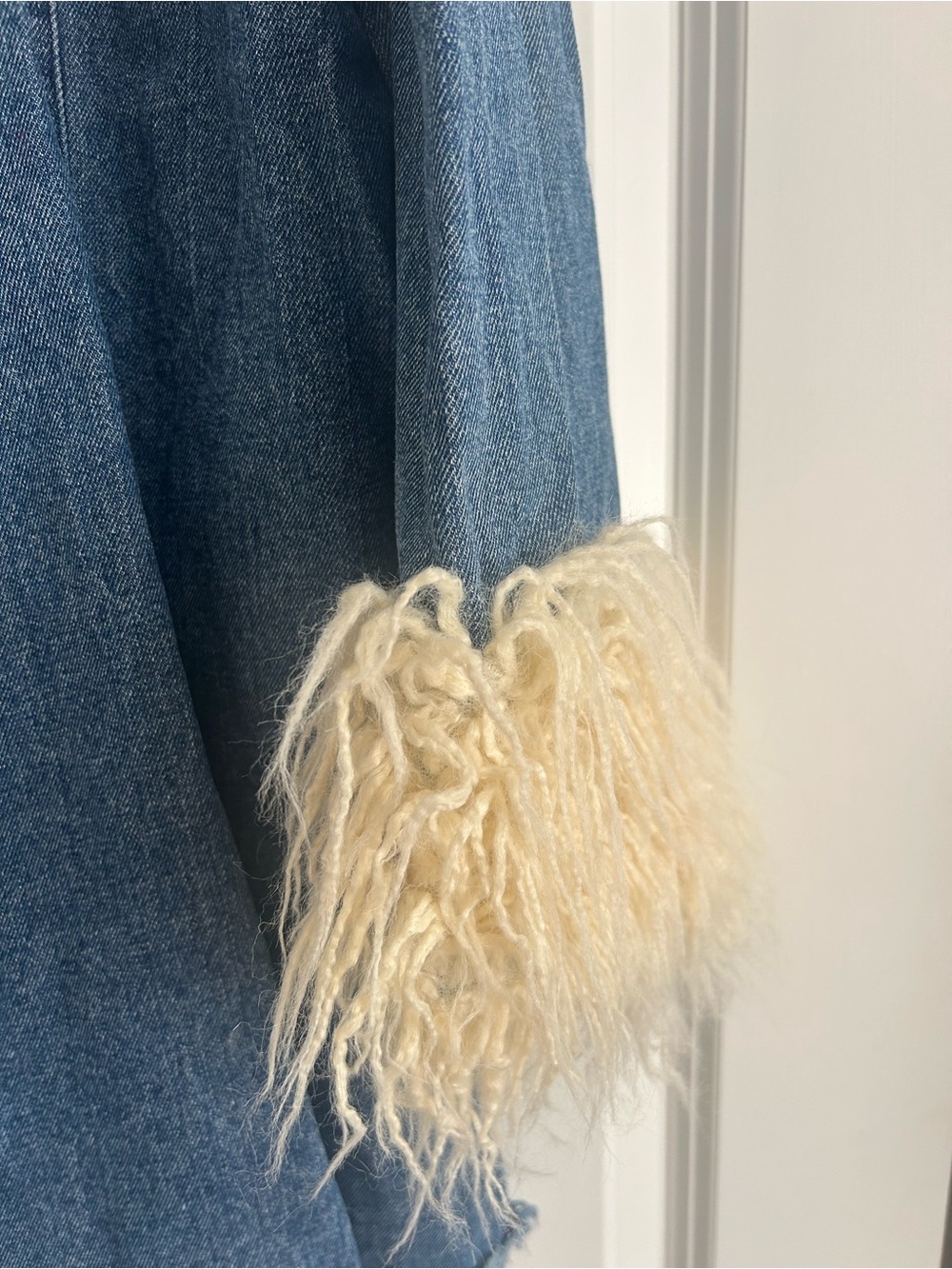 Show Me Your MuMu Blue Denim Coat with Cream Faux Fur Trim - Picture 5 of 7
